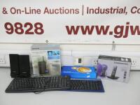 Assorted Items to Include: Advent Speakers, 2 x Keyboards, Belkin Router, Standalone Fingerprint Time Clock & Sagemcom Phone.