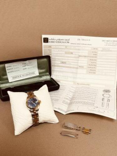 Rolex Datejust Stainless Steel & Gold with 25mm Blue Dial Face Ladies Wrist Watch, Oyster Bracelet, Model 6916/3, Spare Strap Link. Papers Include 2 x Service Receipts, Watch Repair Guarantee dated 08/10/99, in Rolex Box.