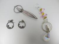 Vintage Silver 925 Hair Clip, Silver 925 Pair of Earrings & Metal Keyring with Small Cat & Mouse Depictions.