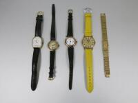 5 x Assorted Vintage Watches including:- Universal Geneve with Yellow Strap, Seiko Plated Gold, Exactly with Leather Strap, 2 x Gold Coloured with Leather Straps.