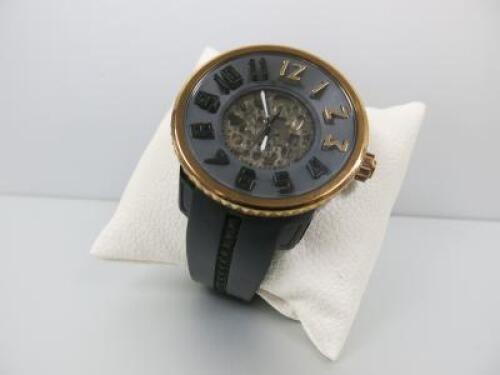 Tendence Skeleton Gulliver Water Resistant 10ATM Registered Design Wrist Watch, Rose Gold Coloured & Black Face (50mm) with Large Numerals, Rubber Tendence Strap.