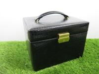 Black Faux Leather Jewellery Box, Lift Up Lid, Drop Down Front with 4 Drawers, Cream Suede Lining & Mirror with Key.