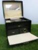 Black Faux Leather Jewellery Box, Lift Up Lid, Drop Down Front with 4 Drawers, Cream Suede Lining & Mirror with Key. - 2