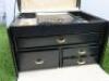 Black Faux Leather Jewellery Box, Lift Up Lid, Drop Down Front with 4 Drawers, Cream Suede Lining & Mirror with Key. - 3