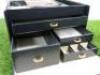 Black Faux Leather Jewellery Box, Lift Up Lid, Drop Down Front with 4 Drawers, Cream Suede Lining & Mirror with Key. - 5