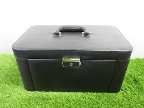 Tusan Black Leather Jewellery Vanity Box with Draws, Compartments & Mirror. Lockable with Key. Size H20 x W40 x D25cm.