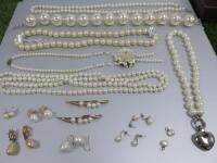 15 x Items of Imitation Pearl Jewellery to Include: 6 x Necklaces, 7 x Pairs of Ear Rings, 2 x Hair Pins. NOTE: 2 x Pairs of Earrings are 925 Silver & Believed to be Real Pearls.