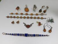 Assortment of Vintage, 925 & Costume Jewellery with Mostly Amber Coloured Stones to Include: Silver 925 Bracelet with Blue Stone Design, 2 x Pairs of 925 Silver Earrings, 2 x 925 Silver Bracelets, 3 x Pendants, 3 x Earrings & 1 x Ring (As Viewed/Inspected