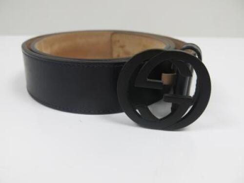 Gucci Black Leather Belt with Interlocking Buckle, 368186, Size 34.