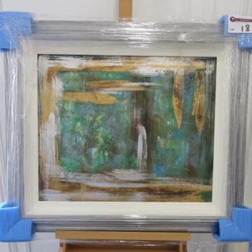 Framed Oil Canvas Print. Green and Gold Abstract. S.Marcus. Size 71 x 83cm