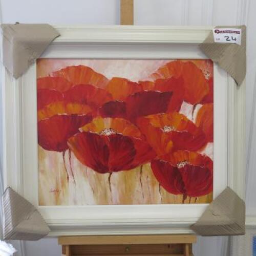 Framed Oil Canvas Print of Red Poppies. Gorfrey. Size 72 x 82cm