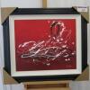 Framed Oil Canvas Print. Paint Splatter on Red Background Abstract Artwork. Size 72 x 82cm