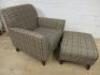 Tartan Patterned Fabric Grey Armchair with Footstool. - 2