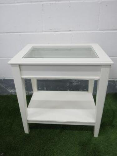 White Painted Wood Glass Inlaid Side Table with Shelf Under, Size H60 x W57 x D41cm.