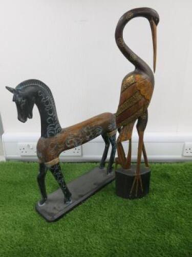 Pair of Decorative Wooden Carved Animals to Include: 1 x Stork & 1 x Horse.