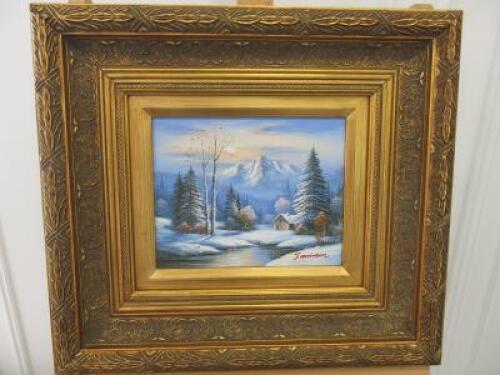Gilt Gold Framed Oil Canvas Print of Winter Scene. Jamison. Size 45 x 50cm