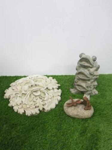 3 x Garden Ornaments, Frogs, Face and Stone with Dragonfly and Frog Sitting.