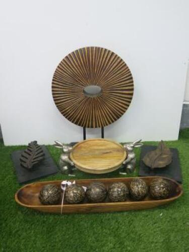 5 x Wood Ornaments to Include: Circular Sculpture, Tray Being Held by Rabbits, 2 Leaves & Tray with 6 Balls in.