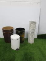 4 x Waste Bins (2 Leather, 1 with Floral Design, 1 Pedal in) and Tall Vase.