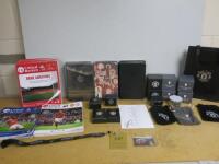 Quantity of Manchester Utd Official Merchandise & Memorabilia to Include: 22 x United Review 20/21 Season, 1 x Signed Menu Card, 1 x VIP Matchday Pass & Museum Tour, 9 x Note Books, 2 x Plugs, 2 x Packs of Cards, 6 x A10 Speakers.