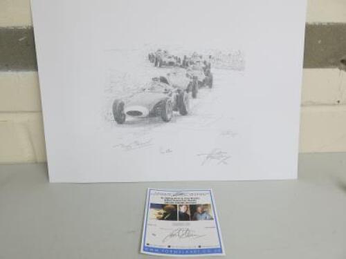 Formula Art Limited Edition David Johnson Authentic Sketch Print. Sir Stirling Moss Tony Brooks British Grand Prix Greats Driver Signed Edition, 46/50. Comes with Certificate. Overall Sketch Size 30 x 42cm.