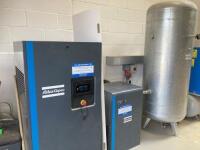 Atlas Copco GA22VSD with Refrigerant Air Dryer, Model FX130 and Galvanised Receiver Tank. Supplied New in August 2022. (Original Cost £22,225 plus VAT).