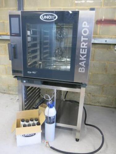 Unox Bakertop Stainless Steel Oven on 6 Rack Stand, Mind.Maps One Controls, S/N XEBC-06EU-E1LM, 3 Phase, Year 2020. Size H156 x W85 x D90cm. Comes with Unox Pure XHC004 Filter & Box of 8 Det&Rinse Plus.