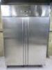 Delfield Double Door Stainless Steel Fridge. Model RS11400R. Size H205 x W138 x D78cm. NOTE: Requires plug, untested & door needs repair.