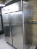 Delfield Double Door Stainless Steel Fridge. Model RS11400R. Size H205 x W138 x D78cm. NOTE: Requires plug, untested & door needs repair. - 2