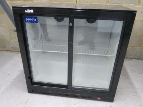 Prodis Undercounter Sliding Glass Door Fridge, Model DBQ220LS. Size H 90 x W90 x D50cm. NOTE: condition as viewed.