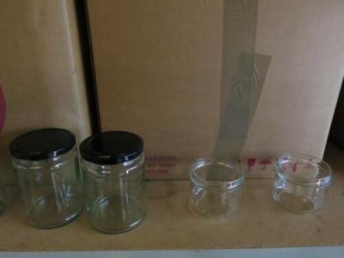 Approx 20 x Boxes with Large Quantity of Assorted Glass Jars & Verrine Style Jars & Lids to Include 190ml, 250ml & 500ml. Lids in Silver, Gold & Black (As Viewed).