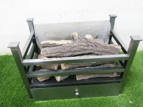 Cast Iron Fire Grate with Faux Logs. Size H34 x W49 x D29cm.