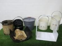 7 x Fireplace Accessories to Include: Wood Coal Bucket, 3 x Metal Coal Buckets, Ash Bin & 2 x Log Stores.