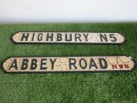 2 x Distressed Wooden Road Signs 'Highbury N5 & Abbey Road NW8'. Size W100cm.