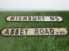 2 x Distressed Wooden Road Signs 'Highbury N5 & Abbey Road NW8'. Size W100cm.