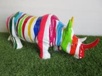 Resin Rhinoceros Statue in Multi Colour Paint Splat Design. Size W55cm. RRP £160.
