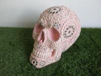 Skull Statue in Pink with Diamante Stone Design. Size H21cm. RRP £85.