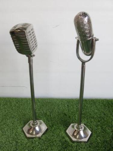 Pair of Old Fashioned Microphone Ornaments in Chrome Metal. RRP &pound;190.