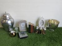 11 x Assorted Decorative Items to Include Metal Urn, 2 x Clocks, Picture Frame, Book Ornament, Bookends, Pair of Glass Ornaments & Glass Vase.