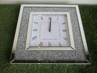 Glass & Bevelled Mirror Framed Clock with Small Diamante Surround. Size 50 x 50cm.