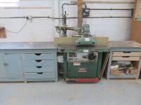 Wadkin Bursgreen BER 4 Spindle Moulder with Power Feeder. S/N 775/5, 3 Phase. Comes with 2 x Cabinets with Assorted Tooling & Original Guard.