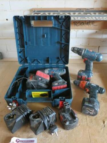 3 x Cordless Drills, 3 x Chargers & 4 x Batteries to Include: 2 x Bosch GSR, Black & Decker 12v.