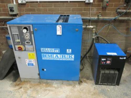 Mark Compressors MSA 15KW, 8 Bar Compressor, Model 007119MX-MSA15, 52700hrs & Hi-Line Tundra 91 Refrigerant Air Dryer.