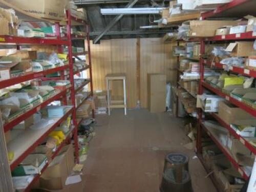 Stock Room Containing Carpentry Fittings, Plumbing Fittings, Sinks, Electrical Fittings, Kitchen & Wardrobe Fittings to Include: Sinks, Taps, Knobs, Handles, Rail Supports, Hinges, Bolts, Screws, Dowels, Biscuits, Drywall Boxes, Switches, Sockets, Fluores