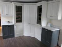 Ex-Display Kitchen/Pantry Painted MDF Profile Shaker in Porcelain & Slate Grey (Multiwood) with Dark Walnut Laminate Cabinets to Consist of Worktops, Base Units, Wall Units, Cupboards, Plinths & Handles to Include: Approx. 2 x 70cm x 60cm 20mm Oro Venet