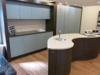 Ex-Display Kitchen & Island In Laminate Slab Door in Fjord Green & Textured Wenge Island Doors to Consist of Worktops, Sink, Base Units, Wall Units, Cupboards & Handles to Include: Approx. 3.75M,2.0M & 1.17M Run of 2 Colour 30mm Quartz Worktops, 4 x Base 