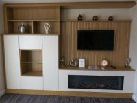 Modena Sitting Room Wall Display to Include: 3.35M x H2.33M Run of Cupboards & Panelling with Painted Finish & Light Oak Cabinets. NOTE: excludes Gazco Led Electric Fire Range.