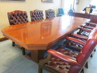 Executive Wooden Board Room Table with Varnished Top, Size H0.74M x W2.7M x D1.0M & 6 x Oxblood Leather Button Back Arm Chairs with Stud Detail. NOTE: table will require removal through first floor window.