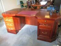 Set of Executive Office Furniture Consisting of Desks, Chair & Credenza to Include: 2 x Twin Pedestal Varnished Top Wooden Desks, Size H75 x W200 x D100cm, 1 x Credenza, Size H77 x W220 x D40cm & 1 x Oxblood Leather Button Back Swivel Chair.