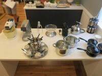 Quantity of Assorted Kitchen Accessories to Include: 5 x Assorted Sauce Pans, 1 x Fondu Set, 1 x Spice Carousel, 1 x Kenwood Kettle, 1 x Magimix Coffee Machine, 1 x Salter Scales & 2 x Kenwood Mixers for Spares or Repair.